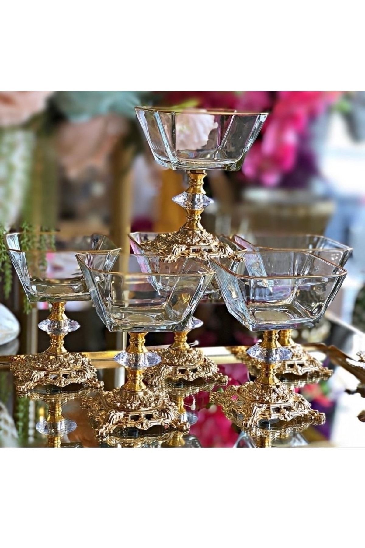 Metal Ayaklı Cam Tatlı Dondurma Çerezlik Kase Altın 6lı