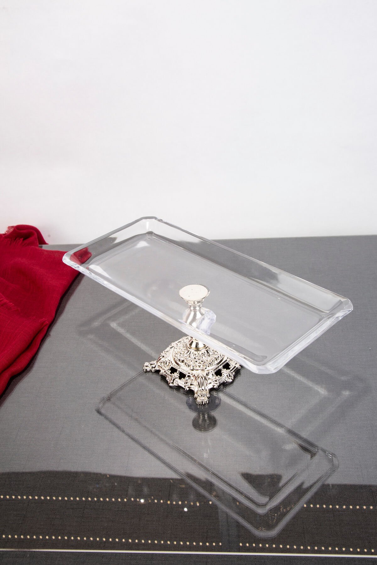 NUDE GÜMÜŞ DETAYLI DİKDÖRTGEN TEPSİ SERVİS SUNUM TEPSİSİ 30X14X15 CM