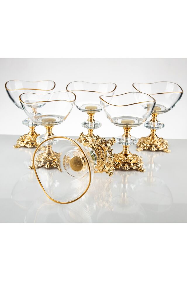 METAL AYAKLI VİRA GOLD DETAYLI SÜTLÜ TATLI KASESİ - DONDURMALIK - ÇEREZLİK 6 LI