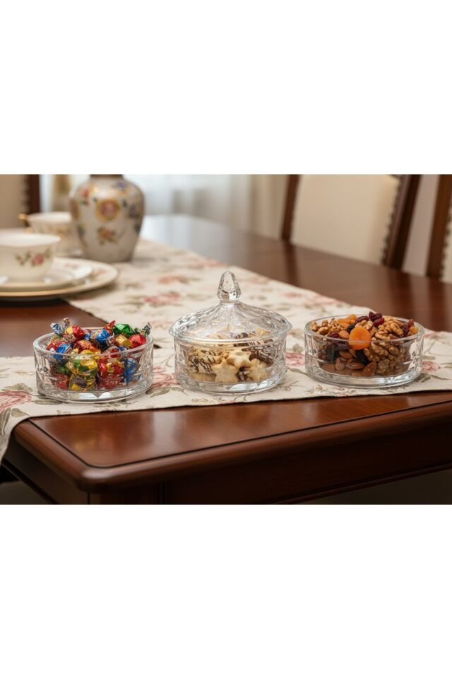 3 Katlı Kristal Cam Şekerlik – Lokumluk, Kurabiyelik, Çerezlik, Sunumluk
