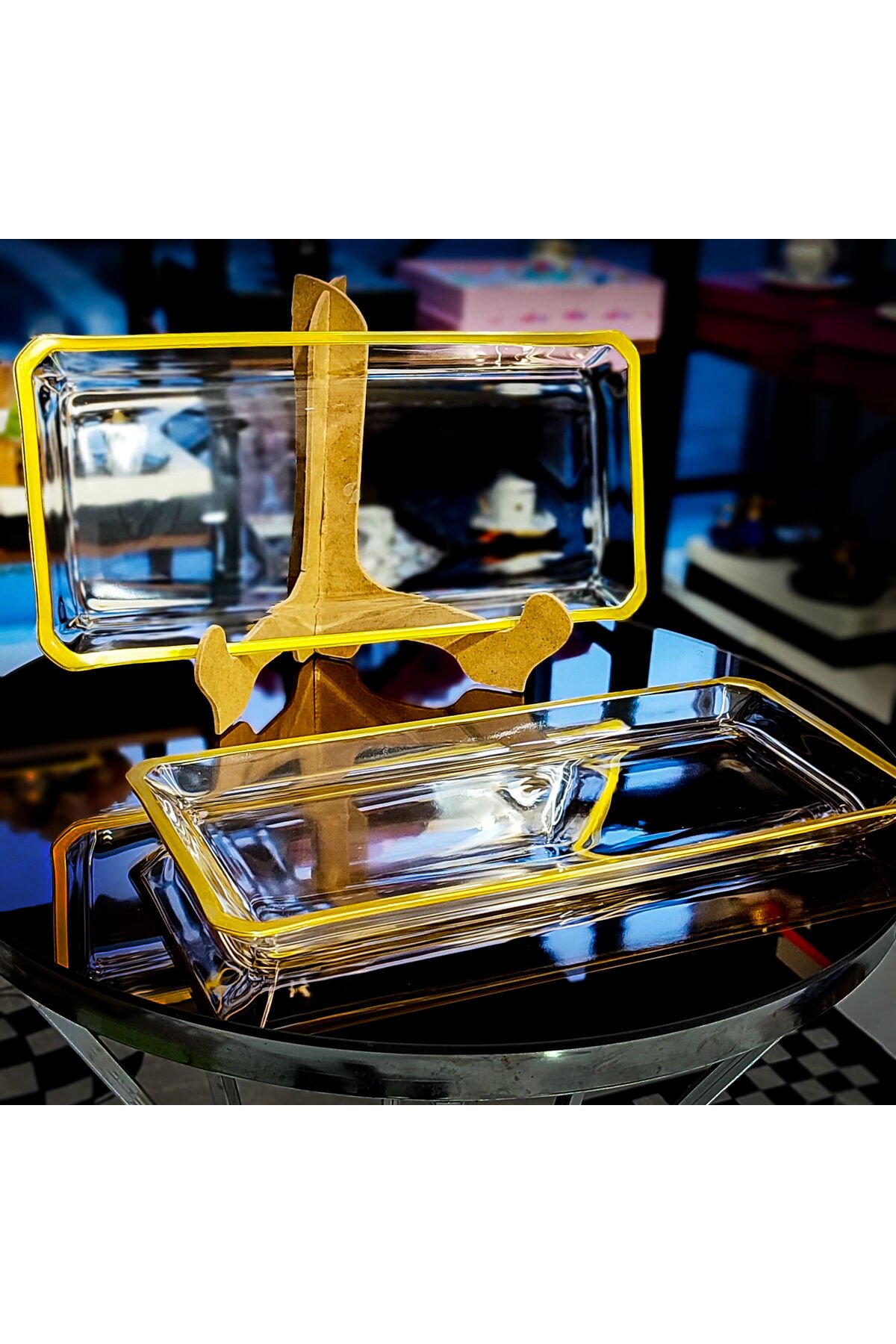 ELİT HOME İKİLİ (2'li) Gold Detaylı Kristal Sunum Tabağı