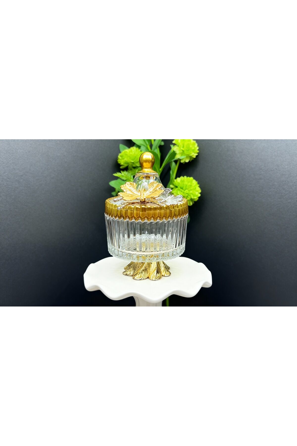 Yeni Model Gold Metal Ayaklı Kapaklı Kelebekli Şekerlik Sunumluk Çerezlik Hediyelik