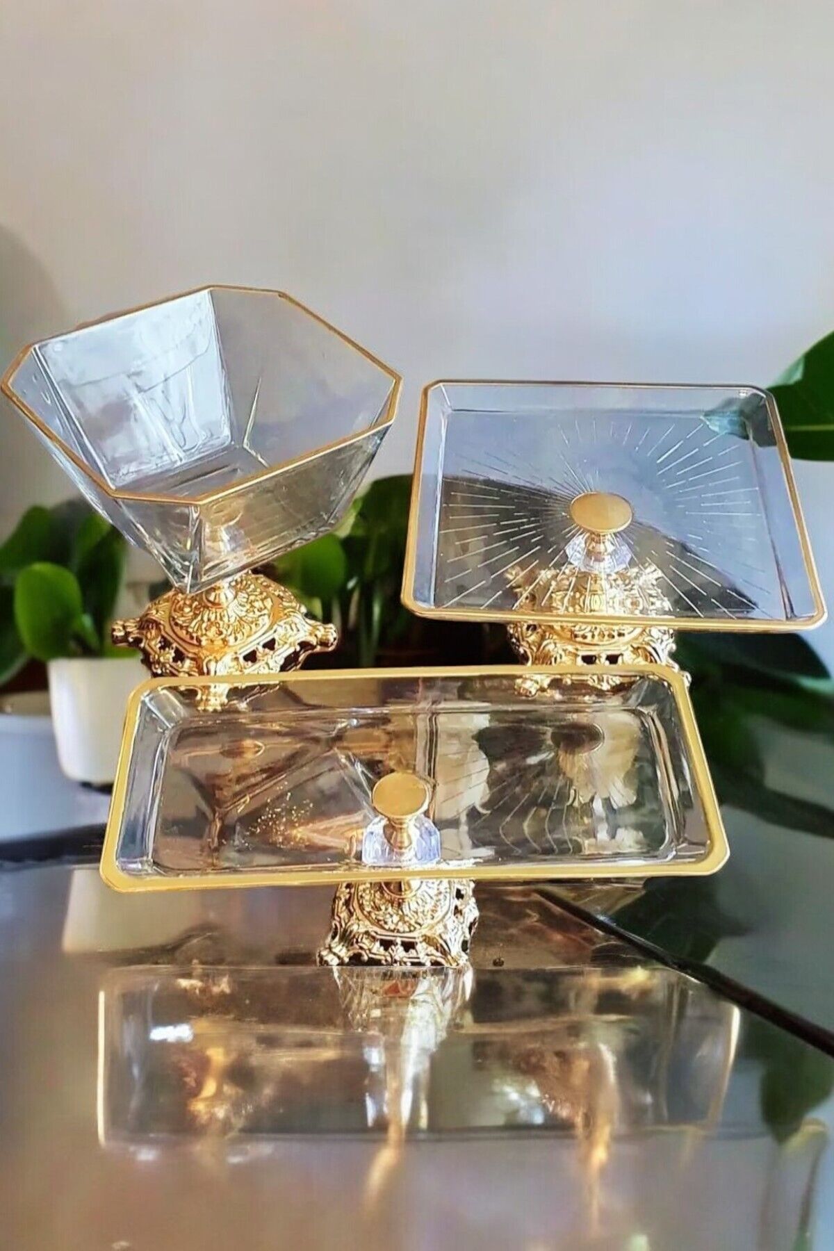 3 Parça Gold Pasta Sunumluk Kurabiyelik Seti