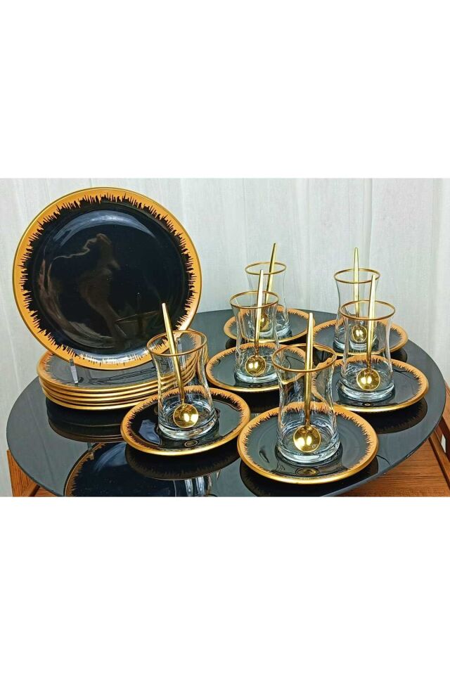 6 Kişilik 24 Parça Pinkmore Siyah-Gold Pasta Çay Saati Seti