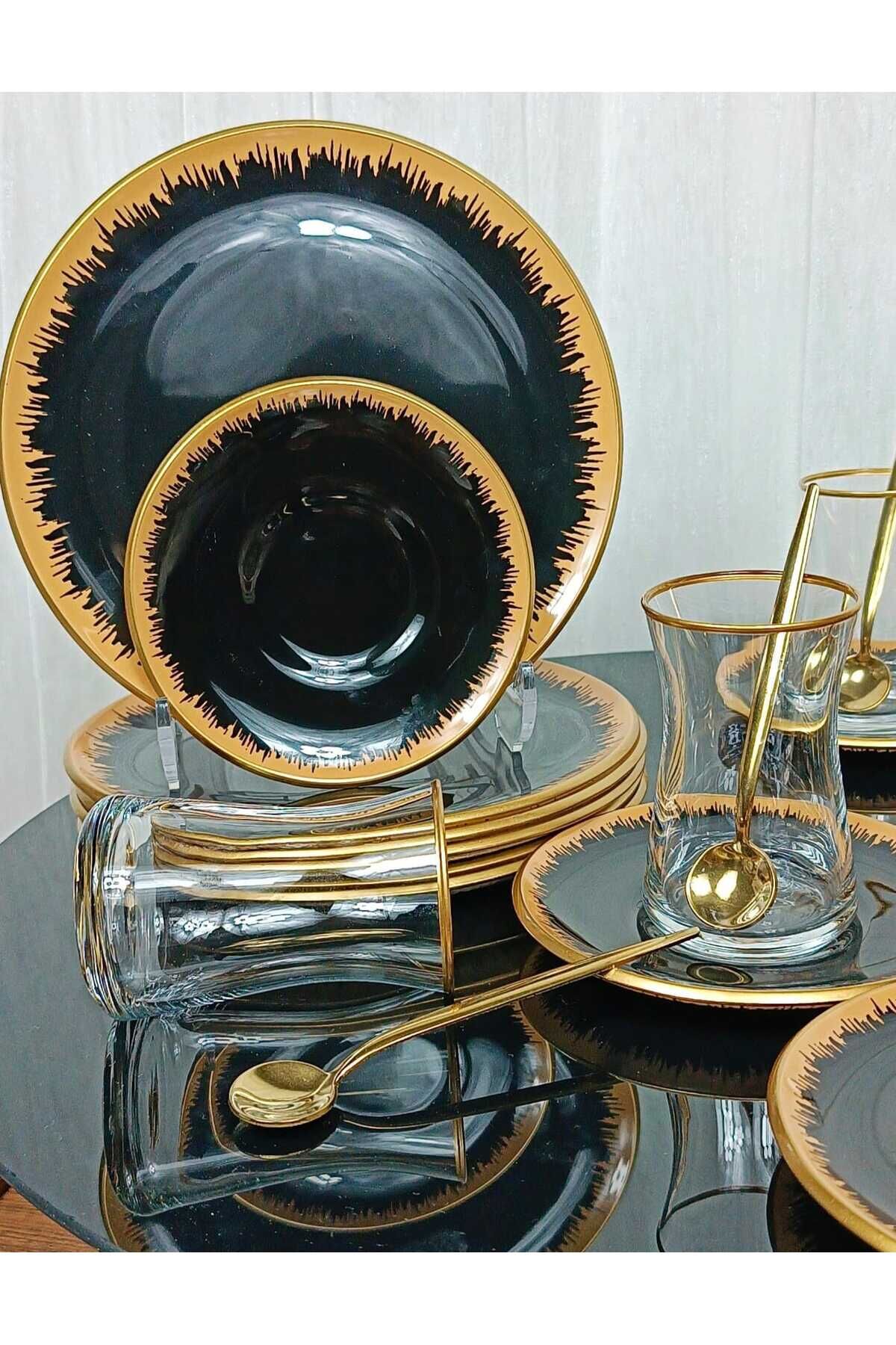 6 Kişilik 24 Parça Pinkmore Siyah-Gold Pasta Çay Saati Seti