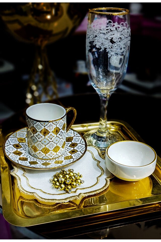 Elit Home Özel Tasarım Porselen Gold Detaylı Sunumluk&Hediyelik Kahve Yanı Lokumluk&Şekerlik