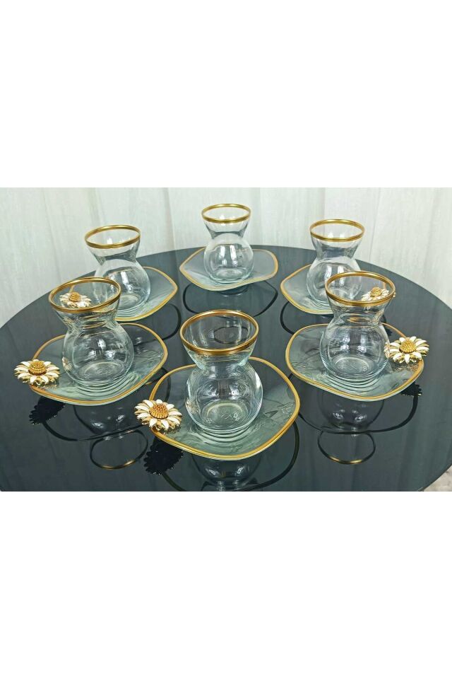 Lüx 6 Kişilik 12 Parça Papatya Gold Yaldızlı Çay Seti