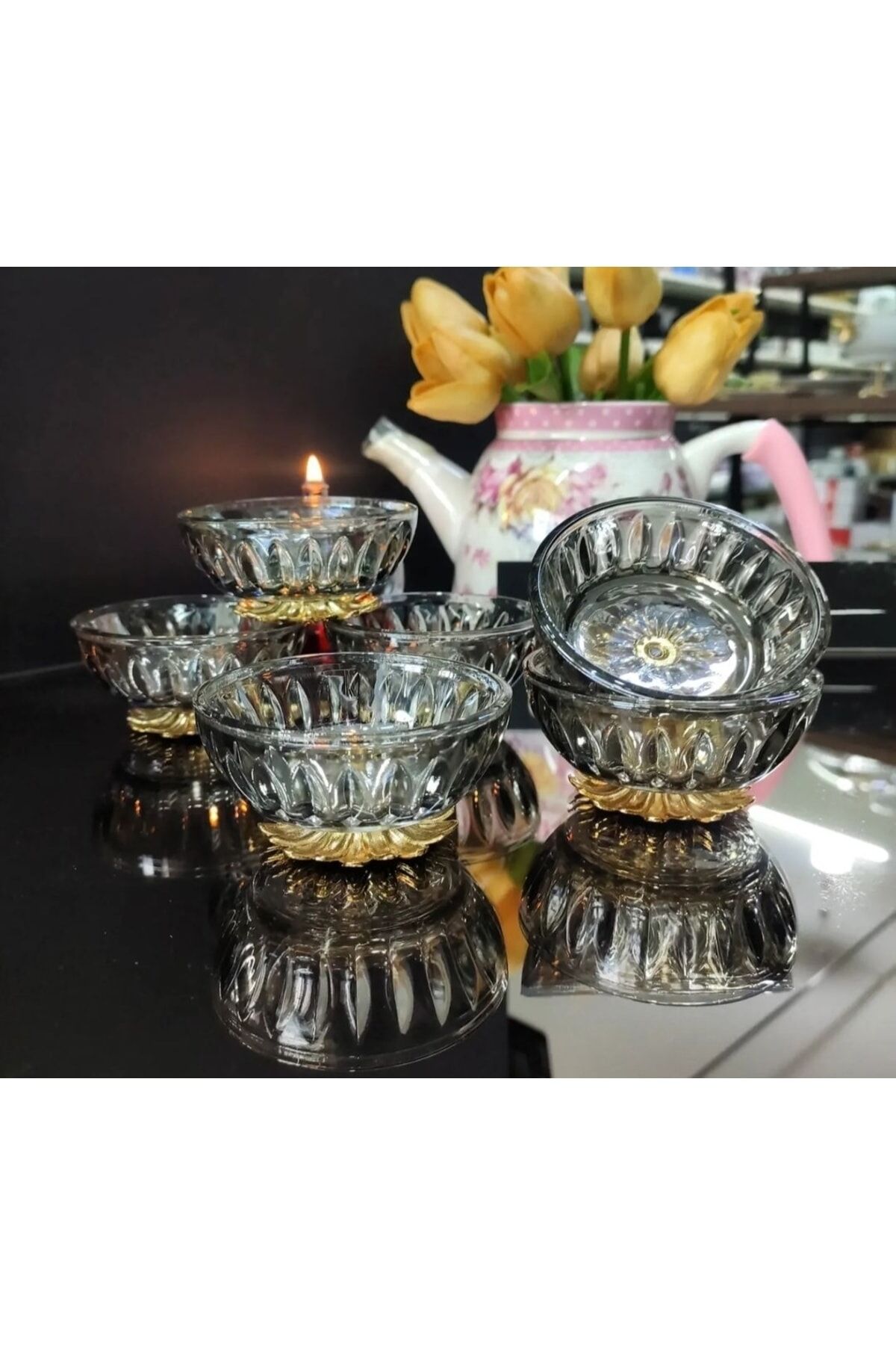 6 Adet Füme Renk Gold Metal Ayaklı Kahve Yanı Lokumluk Şekerlik Sosluk Reçellik