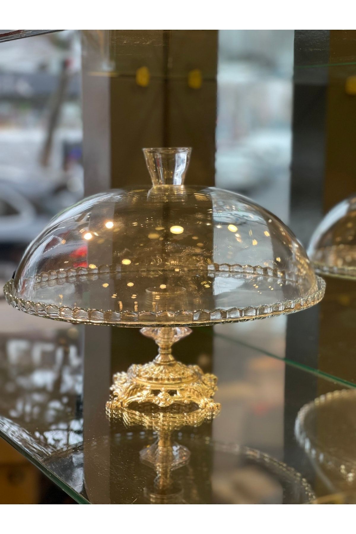 Cam Kapaklı Gold Ayaklı Pasta - Kek Stantı Fanus