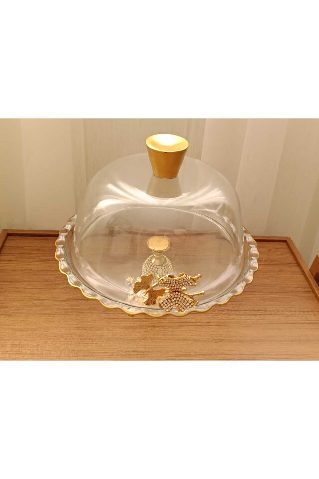 Gold Metal Ayaklı Cam Kapaklı Kek - Pasta Stantı Fanus