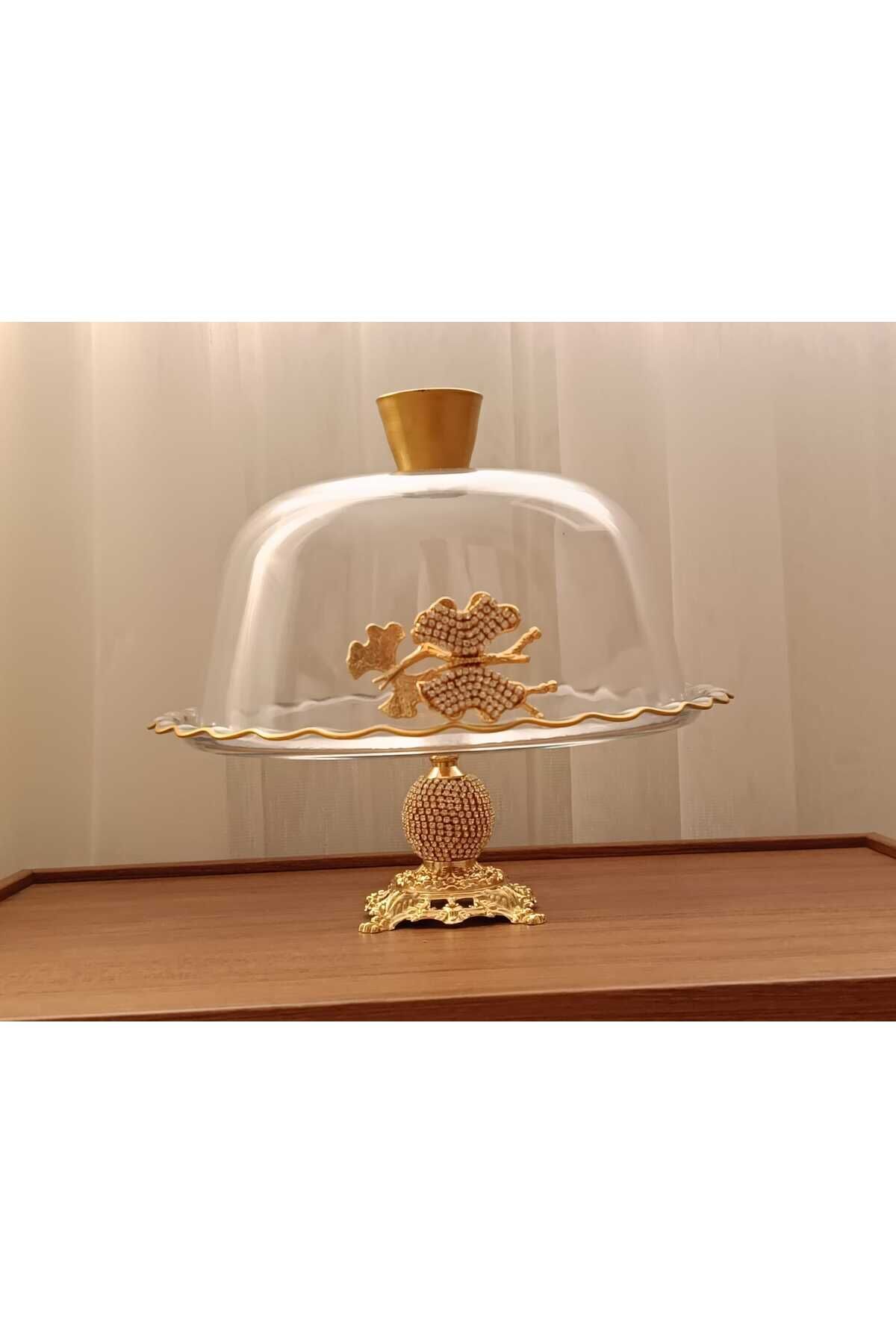 Gold Metal Ayaklı Cam Kapaklı Kek - Pasta Stantı Fanus