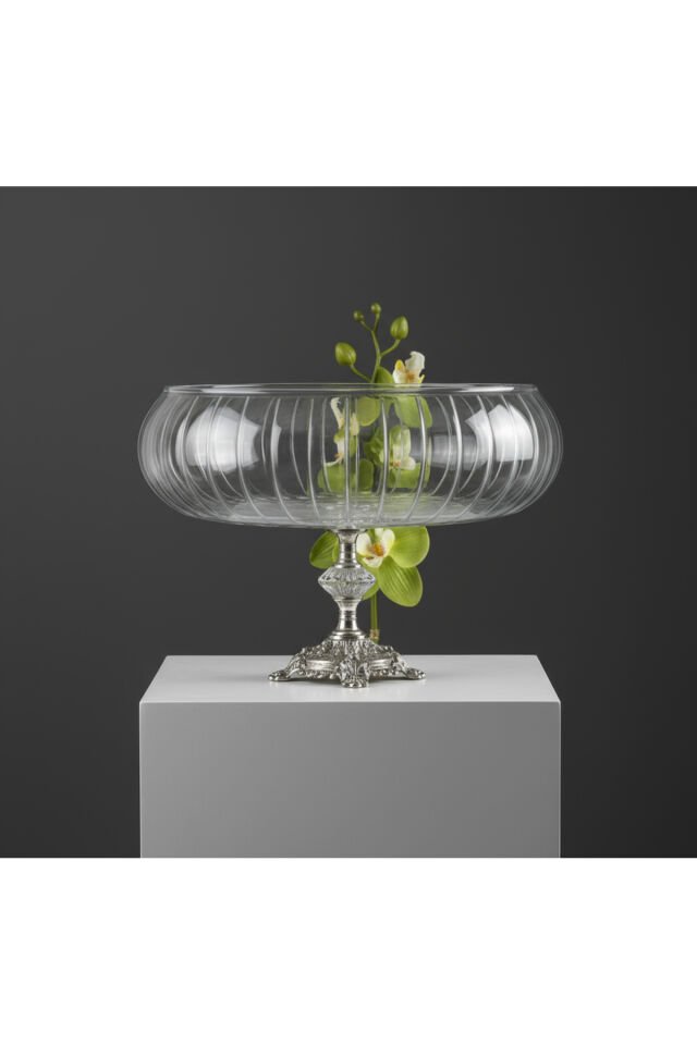 Lotus Kristal 24 Cm Kesme Dekor Metal Ayaklı Salata Kasesi Cam Sunumluk- Servis Tabağı