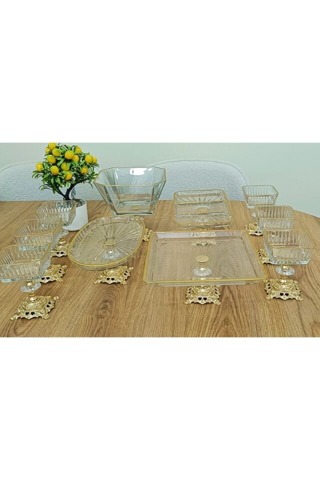 10 PARCA GOLD METAL AYAKLI PASTA - SALATA - TATLI - KASE VE SERVİS SUNUM SETİ