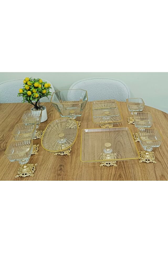 10 PARCA GOLD METAL AYAKLI PASTA - SALATA - TATLI - KASE VE SERVİS SUNUM SETİ