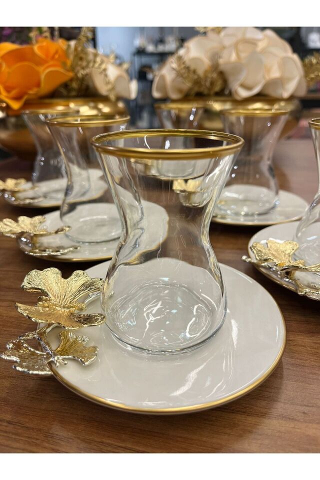 Pandoranın Kutusu Poeselen Tabaklı Bardaklı Kelebekli Cay Setı