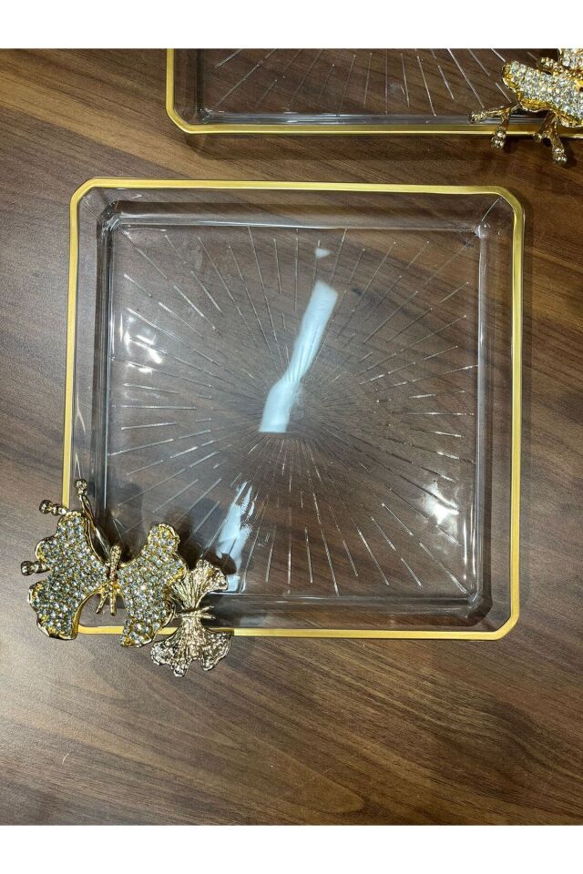 PANDORANIN KUTUSU PAŞABAHÇE TAŞLI KELEBEKLİ KARE MADLEN SUNUM  SERVİS TABAĞI 2 Lİ