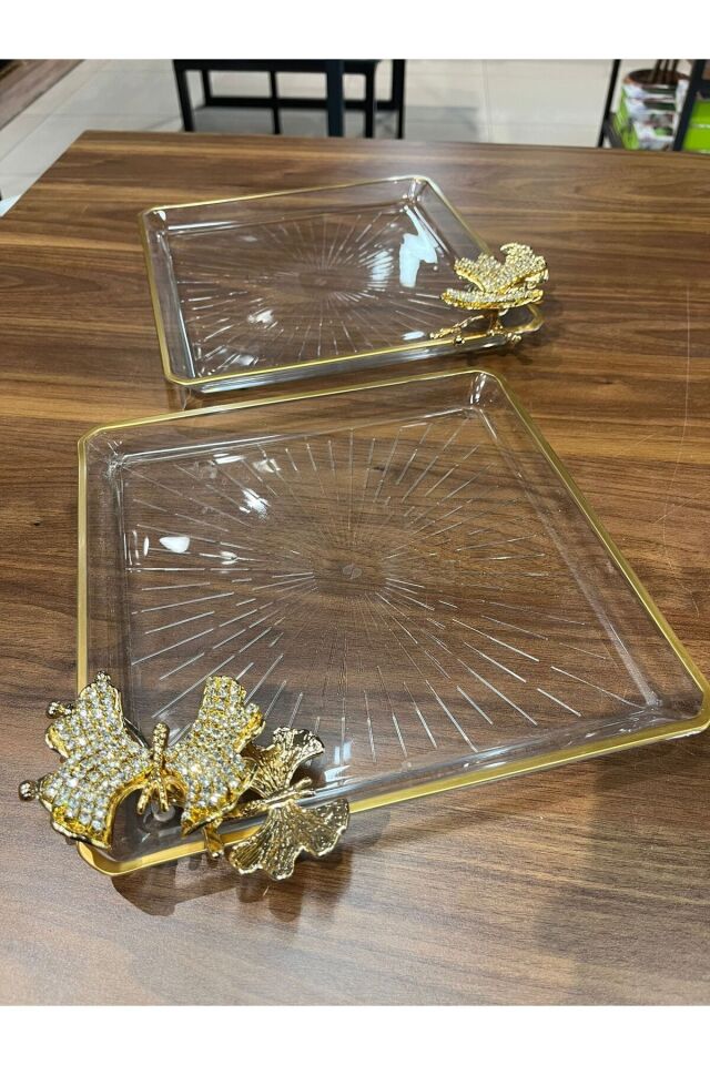 PANDORANIN KUTUSU PAŞABAHÇE TAŞLI KELEBEKLİ KARE MADLEN SUNUM  SERVİS TABAĞI 2 Lİ