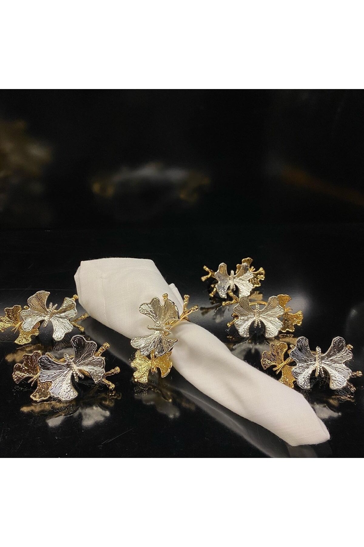 Kelebek 6’lı Altın&gümüş Peçete Yüzüğü 8x4x5.5 Cm Iki Kelebekli Silver&gold Sofra Yüzük