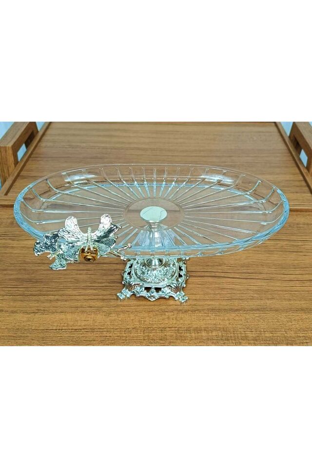 Lüx Hediyelik Metal Ayaklı Gümüş Oval Kelebekli Sunumluk Kurabiyelik - Yeni Serisi