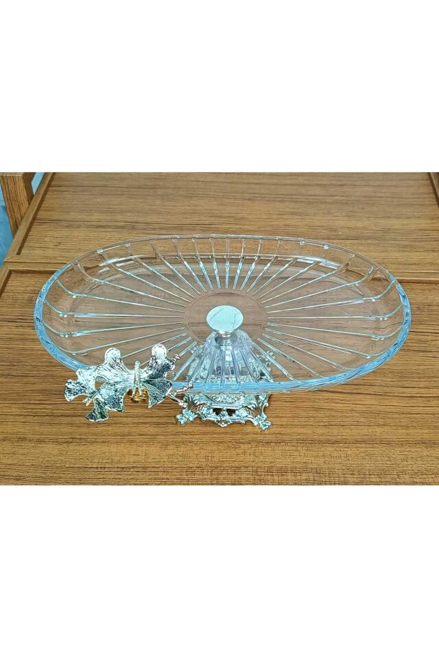 Lüx Hediyelik Metal Ayaklı Gümüş Oval Kelebekli Sunumluk Kurabiyelik - Yeni Serisi