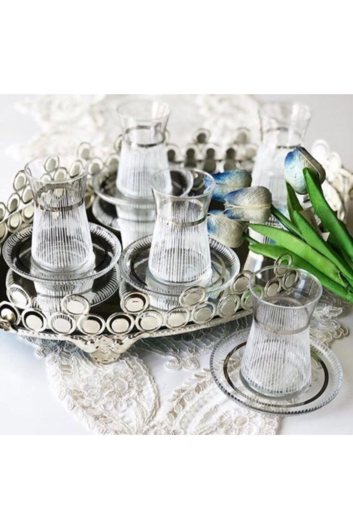 Handmade Gümüş Işlemeli 6 Kişilik Çay Seti