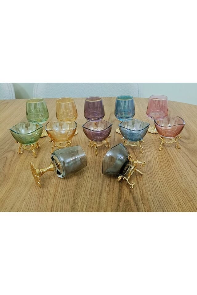 12 Parça Renkli Kahve Yanı 6 lı Su Bardağı ve 6 lı Lokumluk - Şekerlik