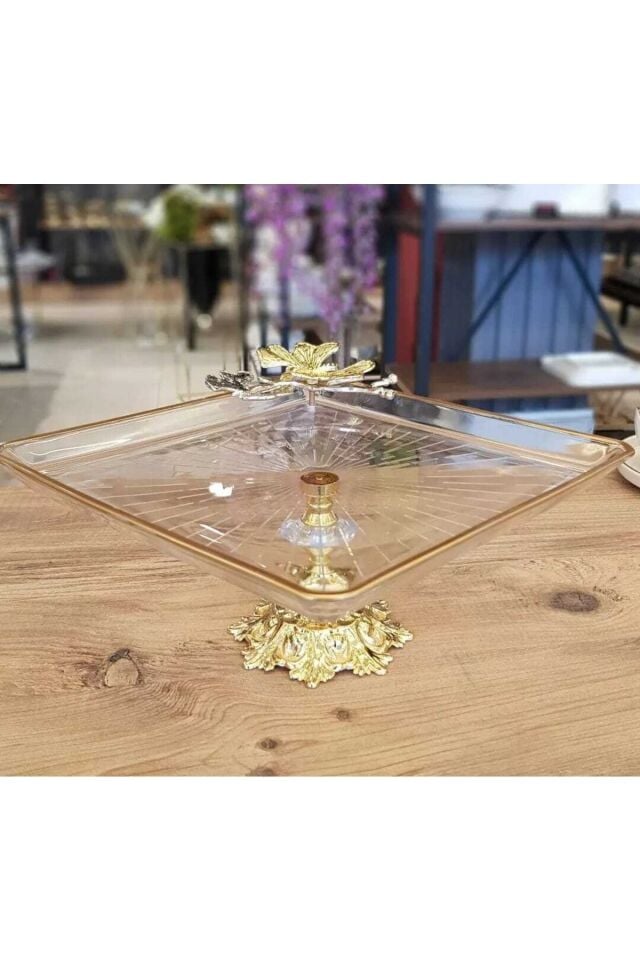 Gold Kelebek Detaylı Şık Ayaklı Kare Sunumluk Ikramlık Kurabiyelik