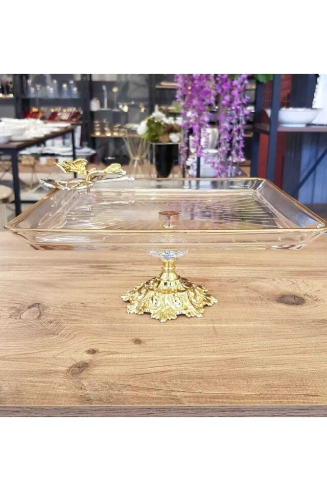 Gold Kelebek Detaylı Şık Ayaklı Kare Sunumluk Ikramlık Kurabiyelik