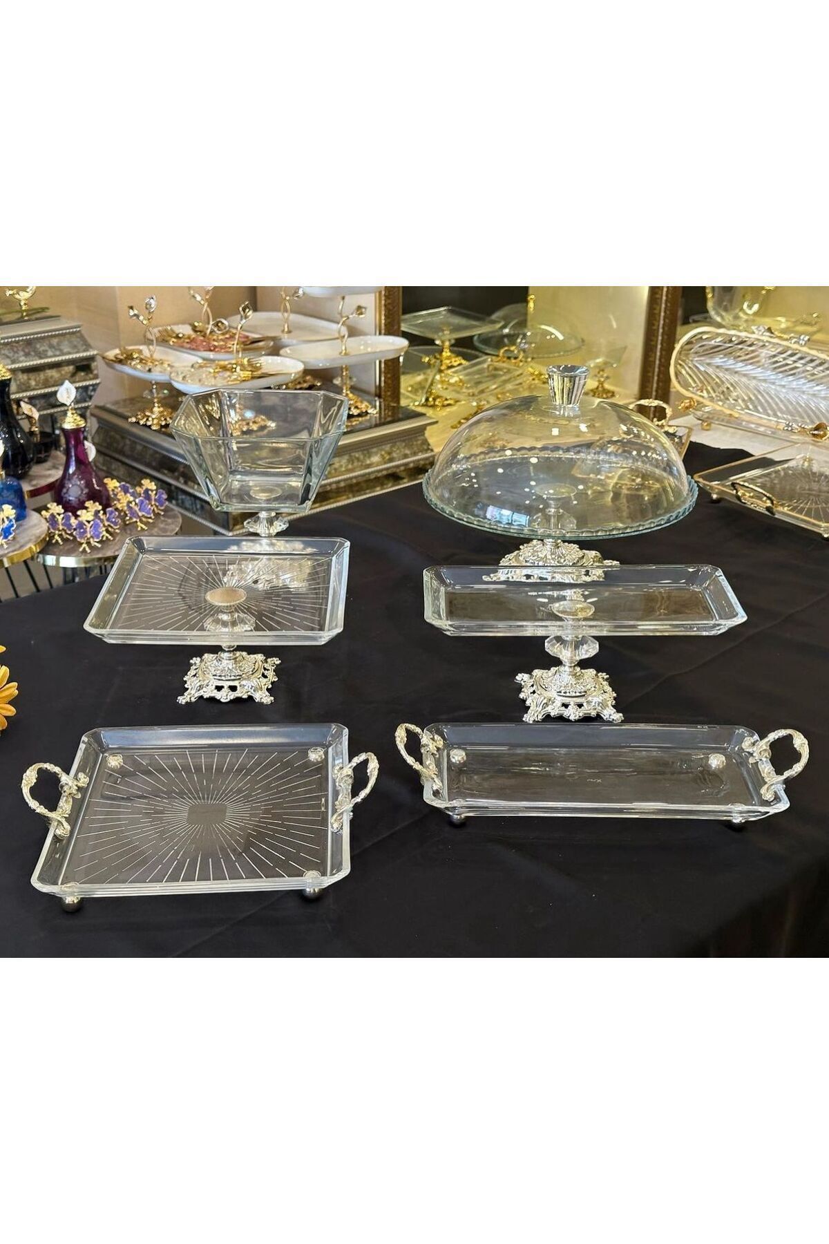 6 Parca Döküm Ayaklı Cam Servis Seti Gümüş