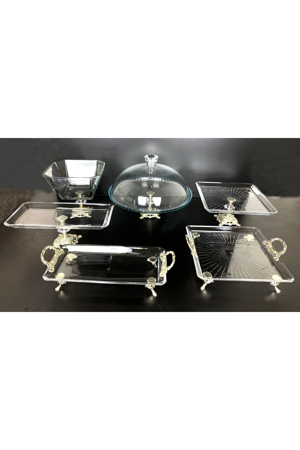 6 PARCA DÖKÜM AYAKLI  GÜMÜŞ CAM SUNUMLUK