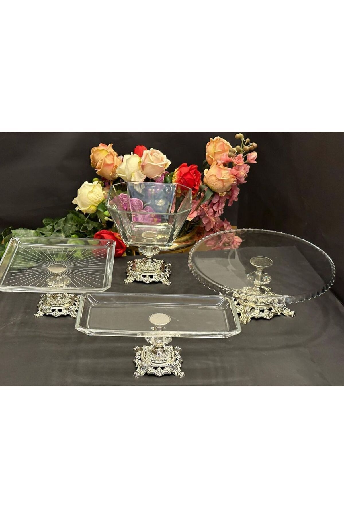 4 Parca Döküm Ayaklı Cam Servis Seti Gümüş