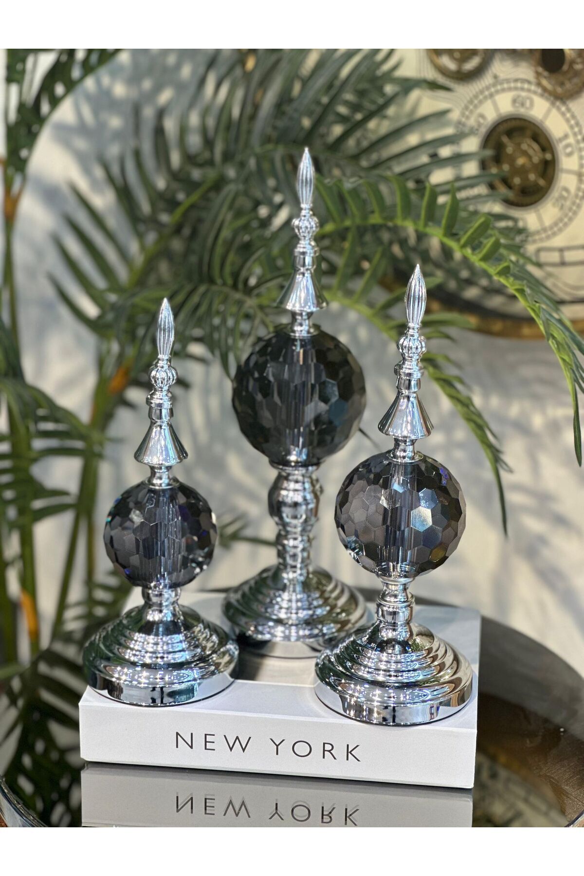 Büyük Boy Gümüş 3 Lü Dekoratif Alem Renkli Dekorlu Kristal Top Küre & Obje Aksesuar