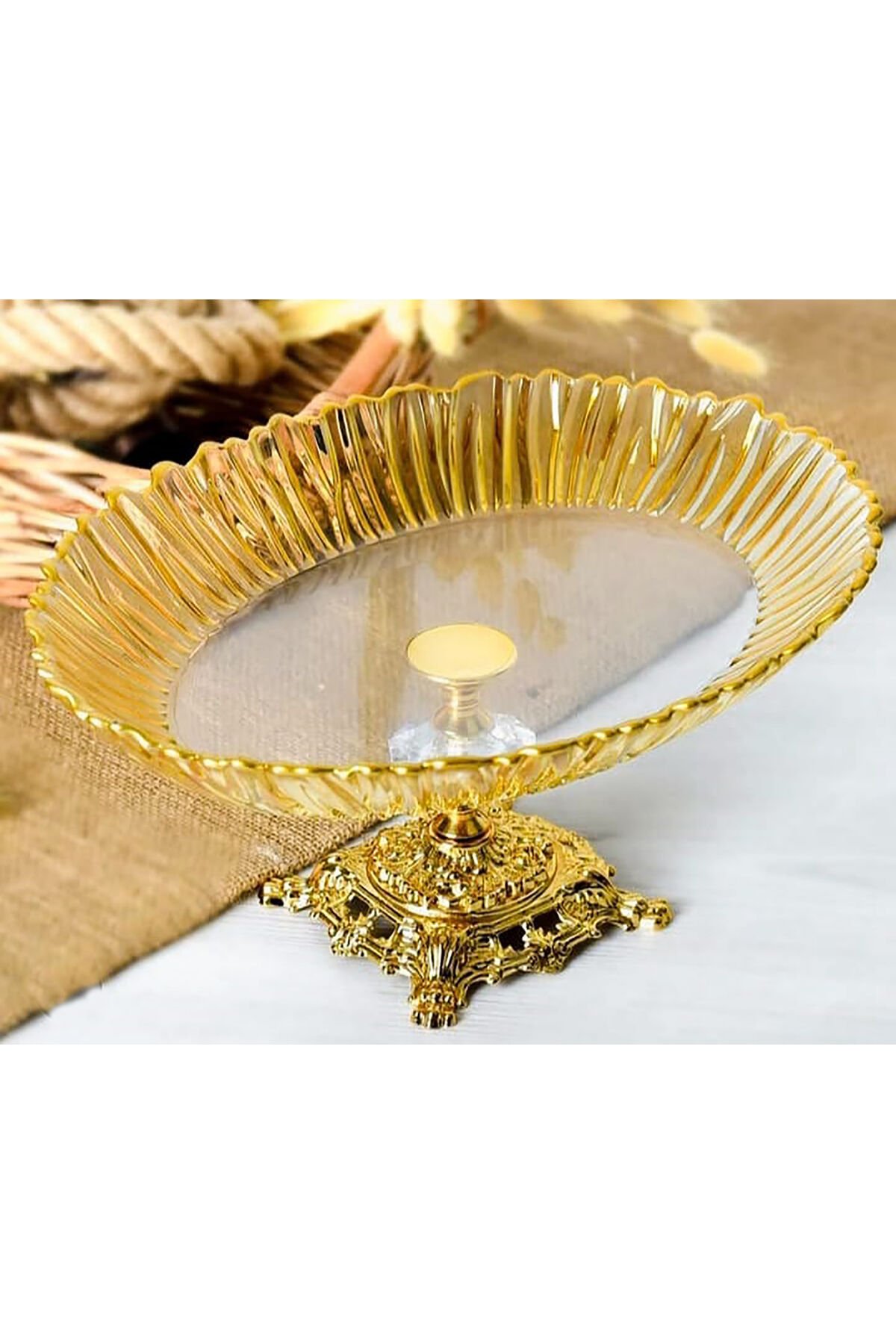 Aurora Oval Gold Ayaklı Cam Servis Tabağı Sunumluk | 25 × 35 cm Ayaklı Tabak
