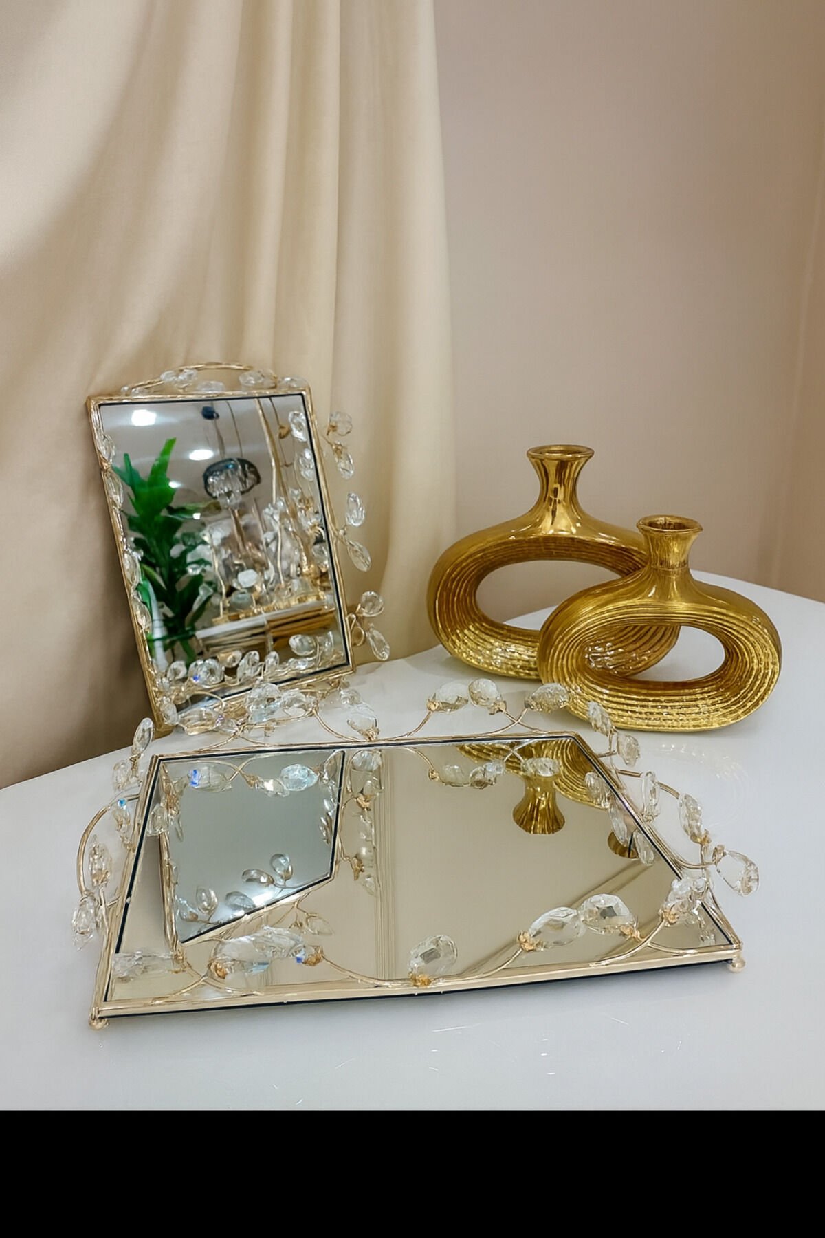 2 li Gold Renk Çok Amaçlı Aynalı Dekoratif Tepsi Söz, Nişan – Kahve Sunum & Şık Dekor