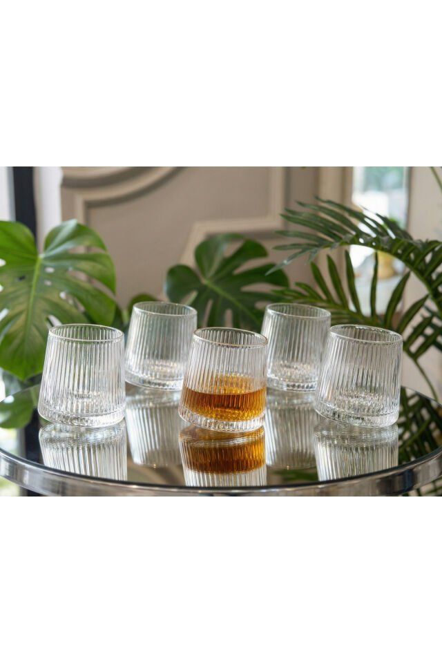 6’lı Kristal Desenli Döner Tabanlı Eğimli Viski Bardak Seti Şeffaf Cam Lux Tasarım