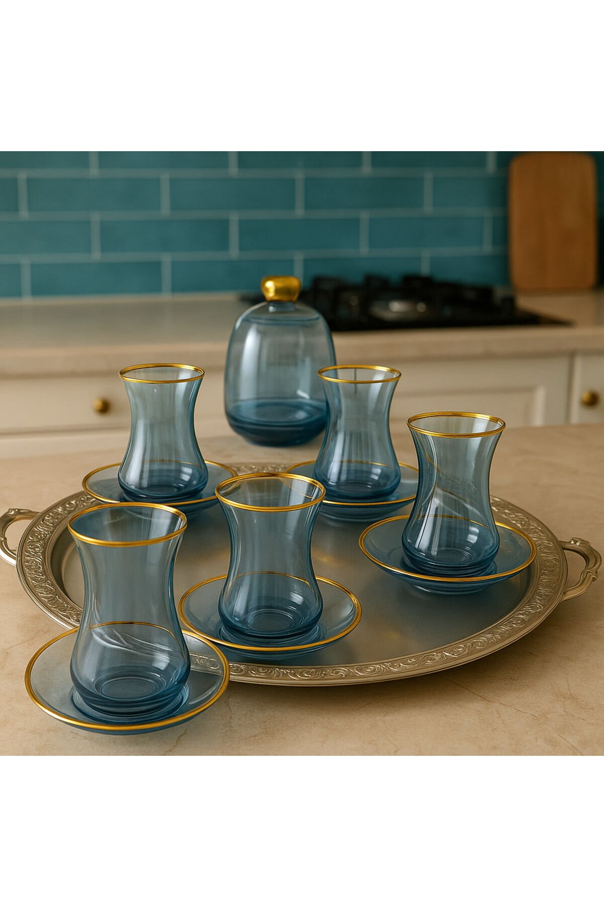 13 Parça Mavi Lüster Altın Yaldızlı Cam Çay Seti – 6 Kişilik Çay Takımı Şekerlik Hediyeli