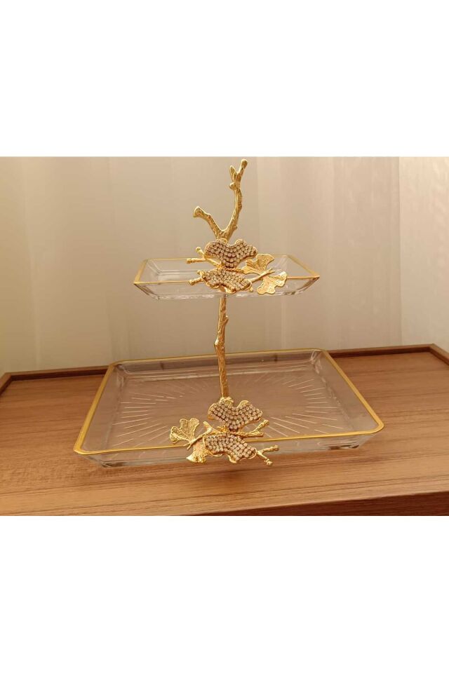 2 Katlı Döküm Aksesuarlı Yaldız Detaylı Kare Servis Tabağı Sunumluk Kurabiyelik