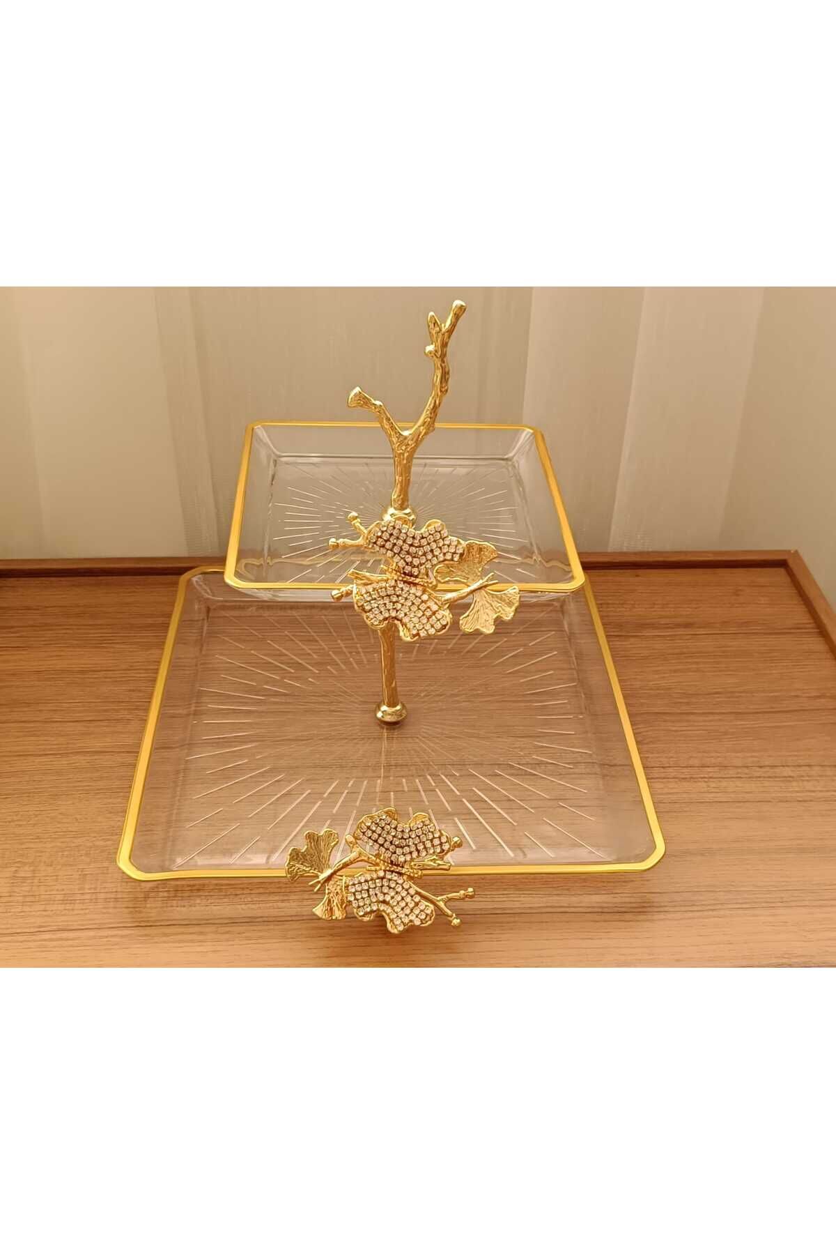 2 Katlı Döküm Aksesuarlı Yaldız Detaylı Kare Servis Tabağı Sunumluk Kurabiyelik