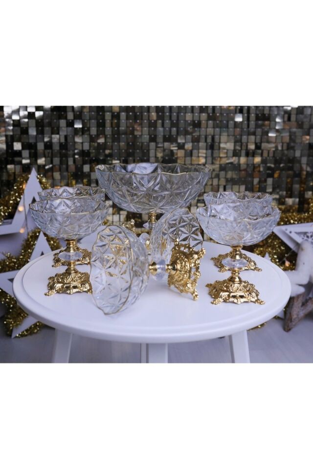 Estrella 7 Parça Yaldızlı Metal Ayaklı Salata Kasesi Çerezlik Sunumluk