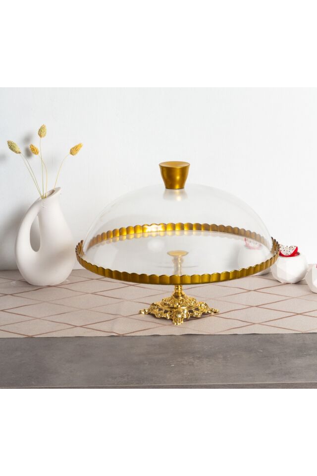 Paşabahçe Lüx Metal Ayaklı Yaldızlı Kek Fanus Pasta Sunumluk