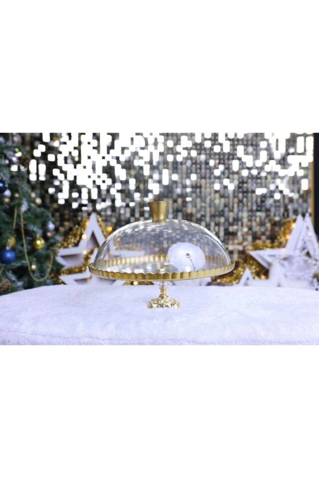 2 li Paşabahçe Metal Ayaklı Yaldızlı Kek Fanus ve Pasta Standı Sunumluk