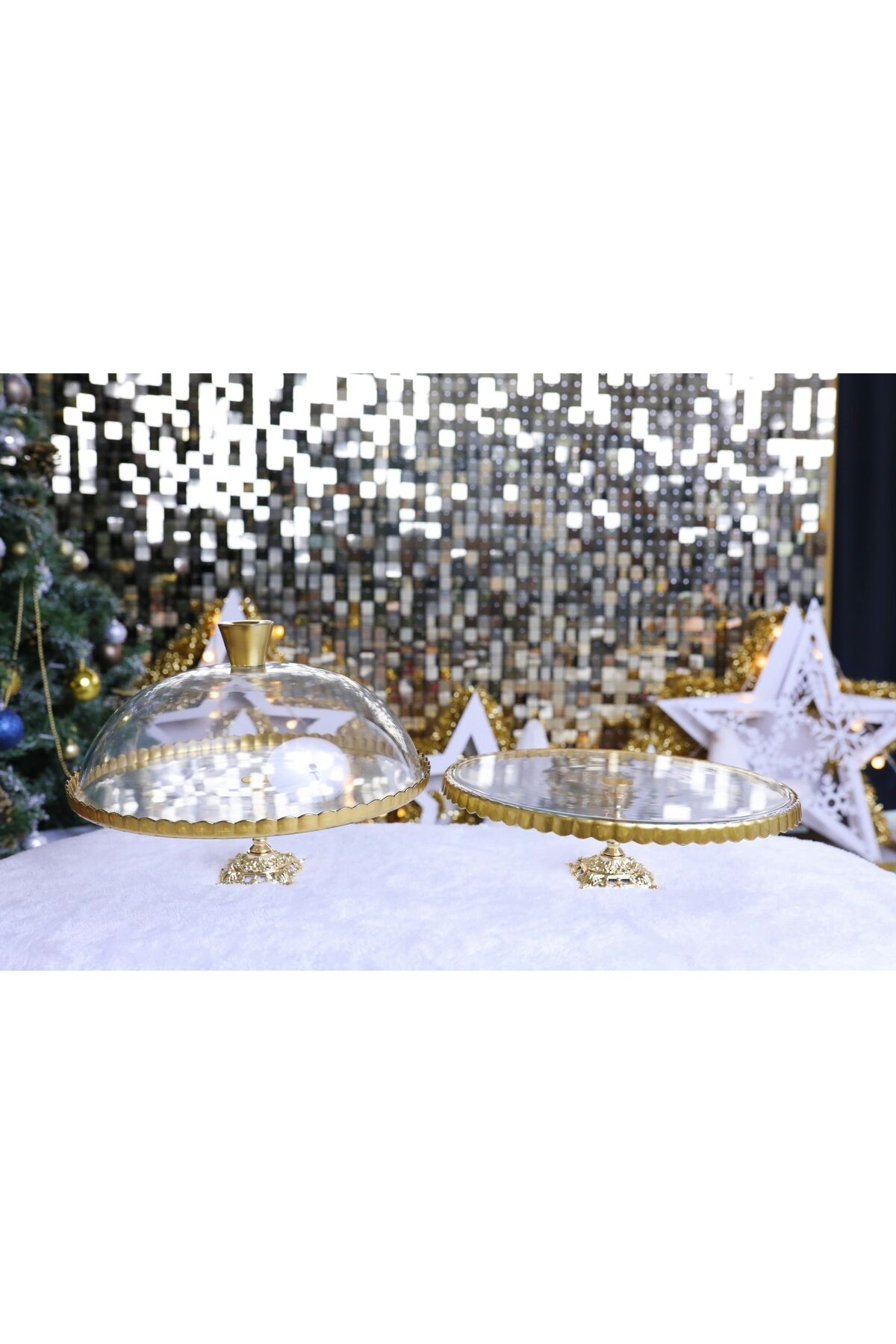 2 li Paşabahçe Metal Ayaklı Yaldızlı Kek Fanus ve Pasta Standı Sunumluk