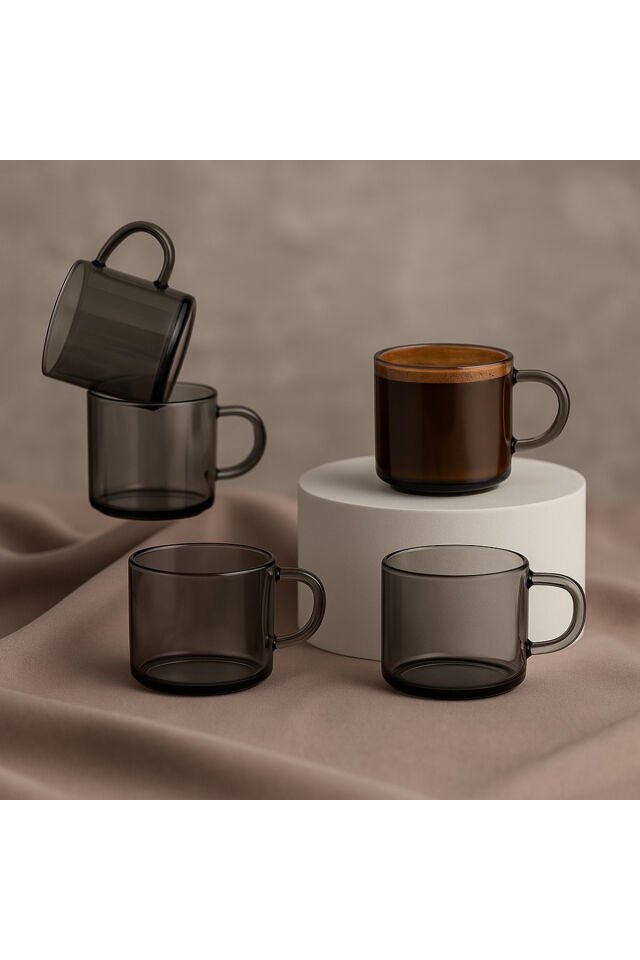 6 lı Füme Cam Kupa Kahve Fincanı – Isıya Dayanıklı, Minimal Tasarım, 120 cc