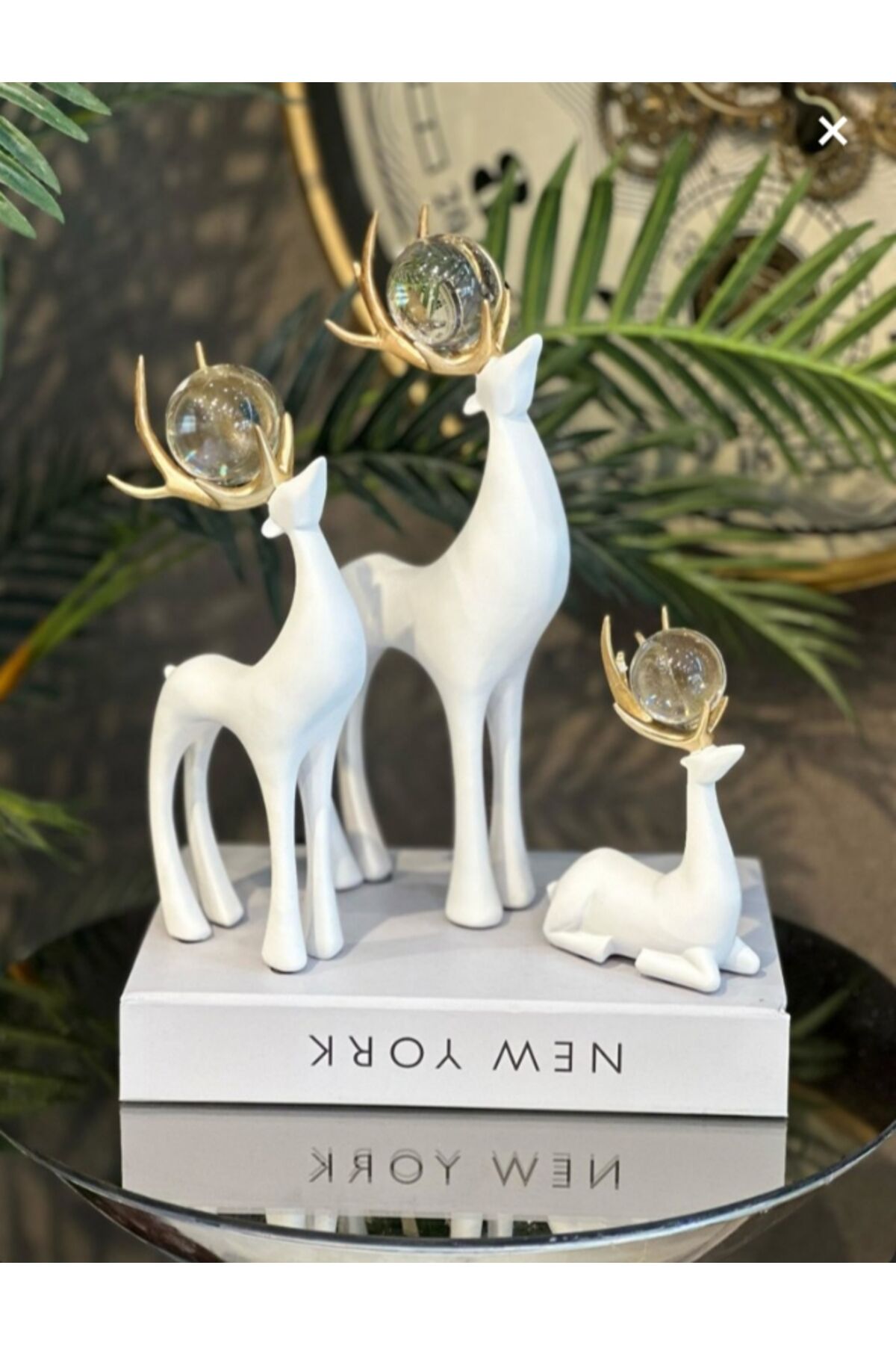 Dekoratif Beyaz Geyik Biblo 3’lü Set Gold Boynuzlu Kristal Toplu Ev Aksesuarı