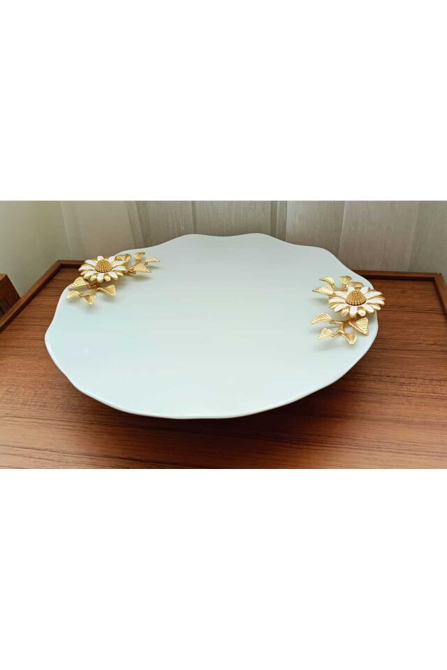 Metal Ayaklı Papatyalı Semazen Porselen Pasta Sunumluk Kurabiyelik