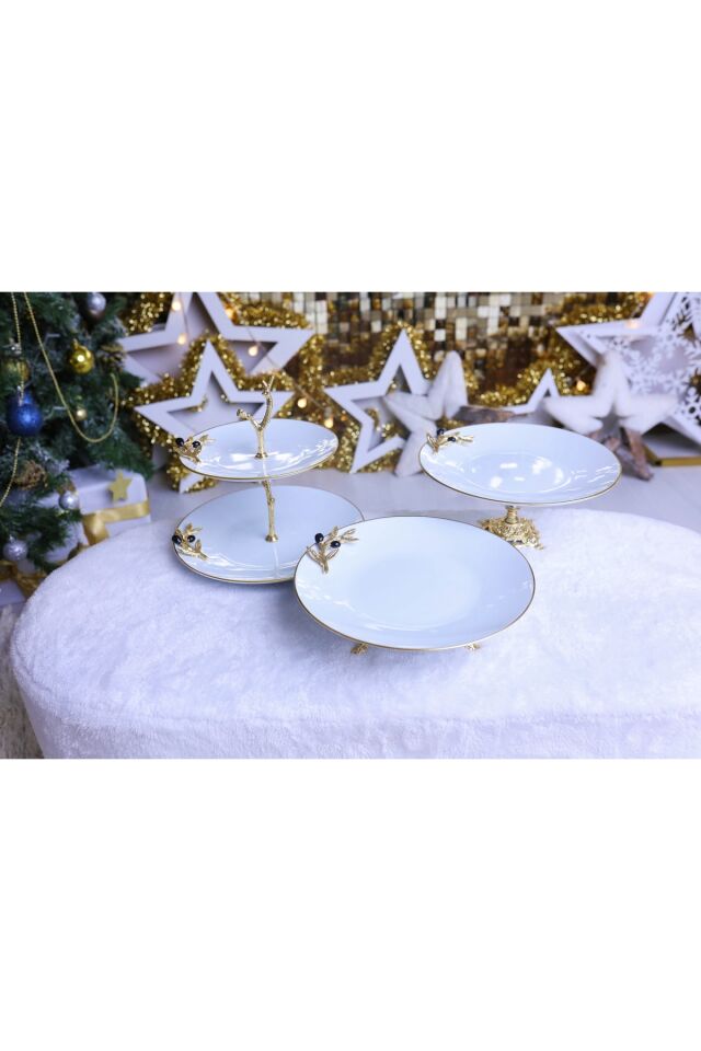3 Parça Metal Ayaklı Porselen Pasta Sunumluk Kurabiyelik Şekerlik Set