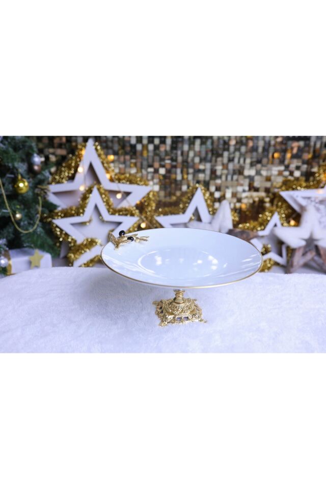 3 Parça Metal Ayaklı Porselen Pasta Sunumluk Kurabiyelik Şekerlik Set