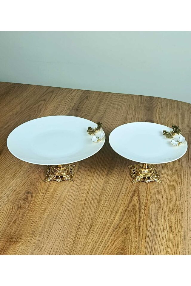 2 Adet Metal Ayaklı Kelebekli Porselen Sunumluk Kurabiyelik Servis Tabağı