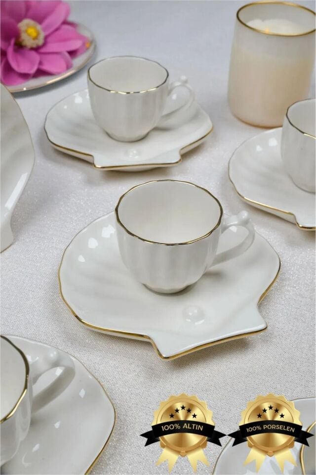 6 Kişilik Porselen Türk Kahve Fincan Takımı–İstiridye Desenli Tabak–Gerçek Altın Yaldızlı