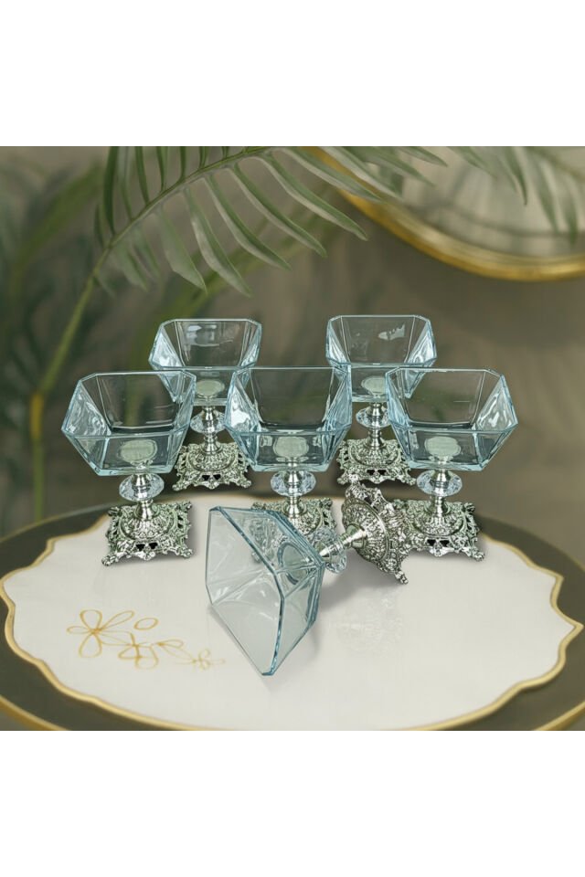 Karen 6 Parça Döküm Gümüş Ayaklı Sunumluk Seti Magnolia Dondurmalık Cup Çerezlik